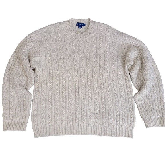 Vintage J.Crew Mens 100% Wool All Over Cable Fisherman Sweater Oatmeal Sz L EUC